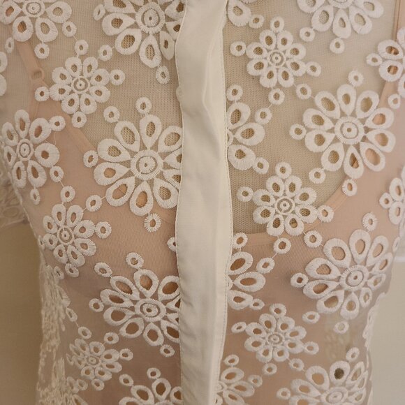 Catherine Malandrino Sheer Short Sleeve Button Down w/ Emroidered Floral Cutouts - Picture 4 of 8